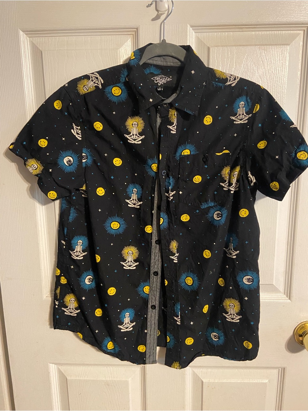 Eighty Eight Black Short-Sleeve Button-Up Shirt with Blue and Yellow Prints